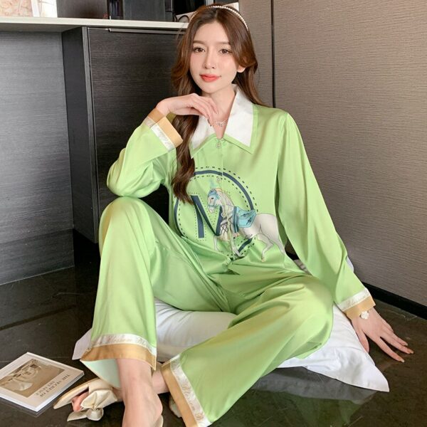 Surpyjama de couleur vert imprimé cheval en fausse soie style élégant Vert XXL China